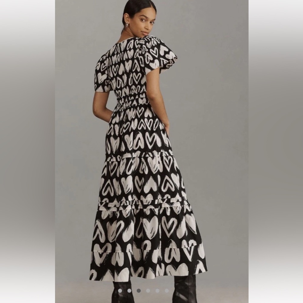 Anthropologie The Somerset Maxi Dress Smocked Heart Edition Poplin Black White - Picture 3 of 7